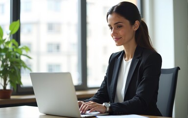 European business woman , CEO, uses laptop app to work at desk in office, cut out on transparent background png. High quality