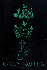 greenhushing illustration of a shush hand gesture green gearwheel mechanism and documents with leaves on them
