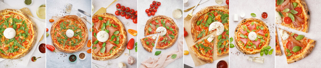 Collage of tasty pizza with Burrata cheese on light background, top view