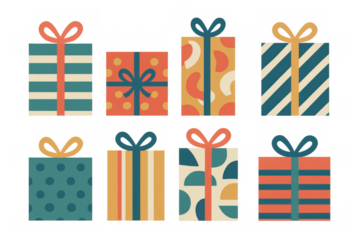 Gift boxes with colorful retro patterns, presenting celebration, holiday, and surprise designs on transparent background