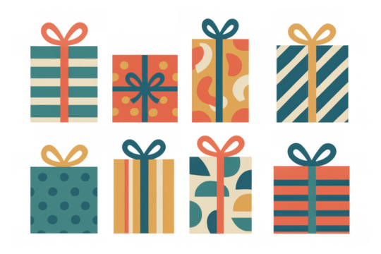 Gift boxes with colorful retro patterns, presenting celebration, holiday, and surprise designs on transparent background