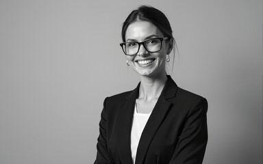 Portrait of a smiling business woman in a suit on a gray monochrome background. Horizontal studio photo with a business lady with copy space. High quality