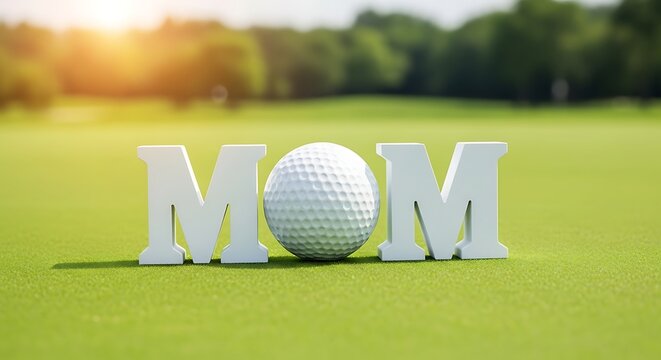 A golf ball resting amongst white block letters spelling mom on green grass