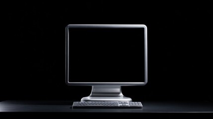 Fototapeta premium A sleek computer monitor stands on a black desk showcasing its minimalist style and dark surroundings.