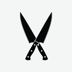 Two sharp black chef knives crossed in a silhouette, symbolizing culinary arts and cooking, isolated on a light gray background
