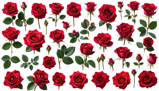 Many dark red roses with green leaves scattered on black