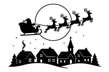 Santa Sleigh Flying Over Peaceful Christmas Village Silhouette
