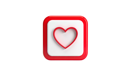 Red heart outline on white square with red border, isolated