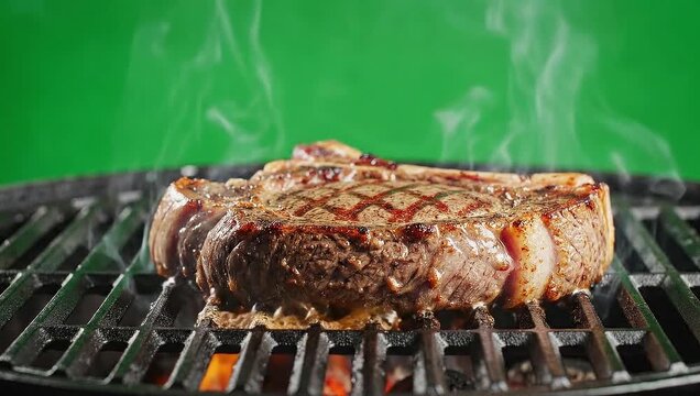 Juicy steak sizzling on a hot grill with flames and smoke creating a mouthwatering BBQ scene perfect for summer promotions and food-related content
