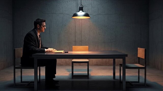 Tense and somber scene of a man in a suit sitting alone at a table in a dark, minimalist interrogation room under a harsh single light