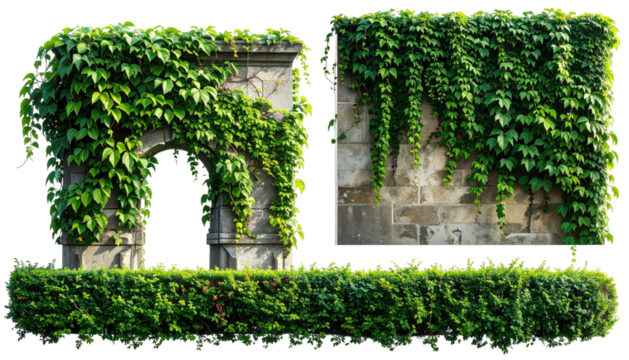 Ivy drapes stone ruins and hedges; greenery