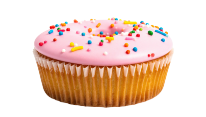 Cupcake with pink frosting and colorful sprinkles on black