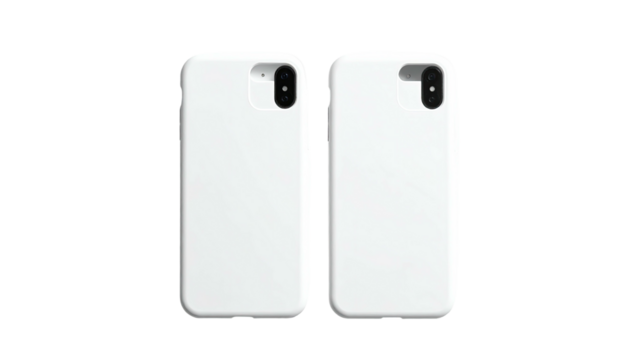 Pair of white phone cases, face and back, on black background