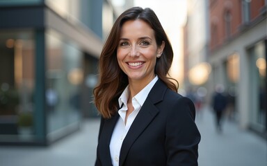 Mature business executive professional woman portrait, in suit outside of office in business district. High quality