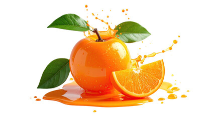 Juicy orange apple with splash & slice, leaves against dark bg
