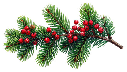 Festive pine sprig with bright red berries, isolated