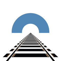 Perspective view of train tracks leading towards a blue semicircle against a