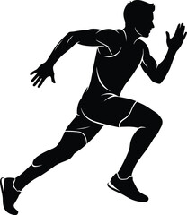 Running silhouette, athletic pose, fitness icon, sports motion, sprint action, muscular runner, black and white, flat vector illustration