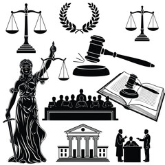 Collection of legal and justice symbols including scales of justice, gavel, courthouse, and lady justice