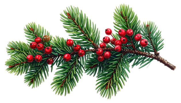 Festive pine sprig with bright red berries, isolated