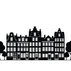 Row of traditional dutch canal houses with gabled roofs and trees