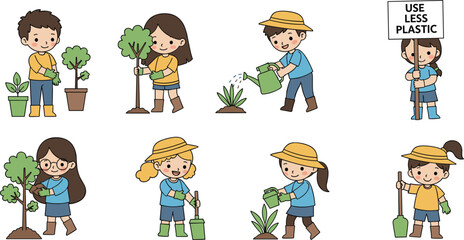 Kids planting trees, cartoon children gardening, eco-friendly actions, environmental awareness scene, flat vector illustration, sustainability education design