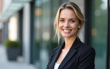 Mature business executive professional woman portrait, in suit outside of office in business district. High quality