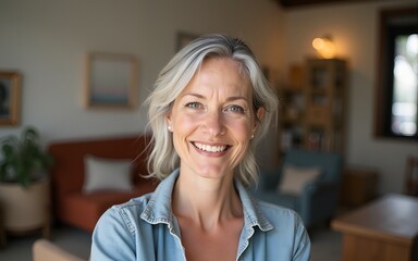 Portrait of a smiling woman with grey hair, small business owner in her furniture store. High quality