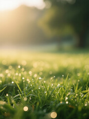 Naklejka premium Glistening Grass with Dewdrops in Sunlight