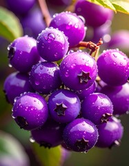 Vibrant purple berries glistening with dew drops, clustered on a branch