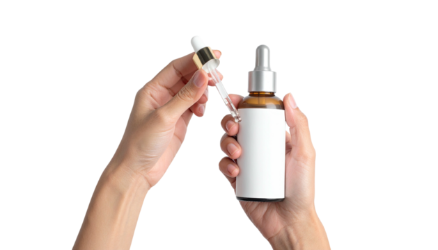 Hands holding dropper & bottle on black backdrop - Powered by Adobe