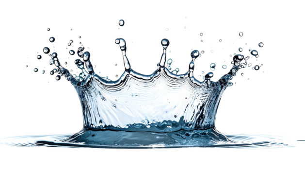 Water crown splashes upwards, crystal clear against dark background