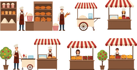 Market stalls, food vendors, bakery stand, fruit cart, ice cream seller, fresh produce, street market, flat vector illustration © PORI 