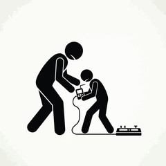 Stick figure father helping a child drink from a cup connected by a wire to a device