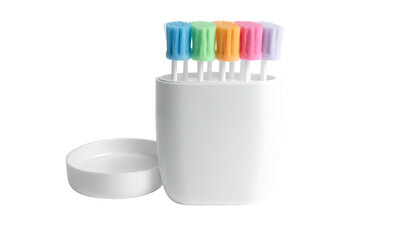 Pastel-colored bottle brushes in a container with lid