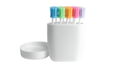 Pastel-colored bottle brushes in a container with lid