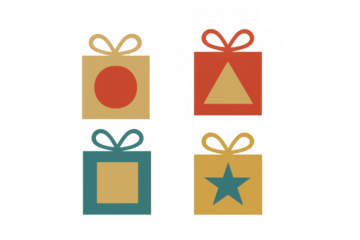 Gift boxes featuring circle, triangle, square, and star shapes, representing a fun game or prize concept. Transparent background