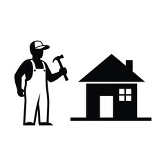Construction worker silhouette holding a hammer, standing next to a house icon, representing building and repair