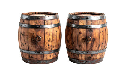 Two rustic wooden barrels with metal bands on black backdrop