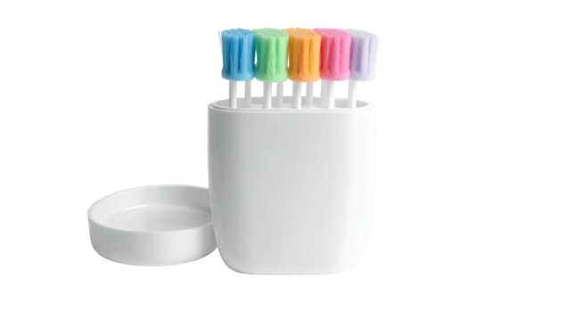 Pastel-colored bottle brushes in a container with lid