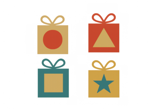 Gift boxes featuring circle, triangle, square, and star shapes, representing a fun game or prize concept. Transparent background