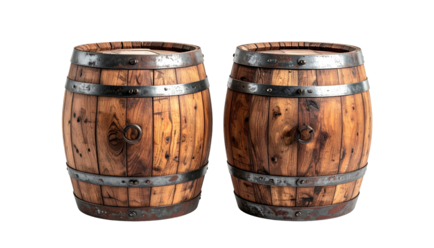 Two rustic wooden barrels with metal bands on black backdrop