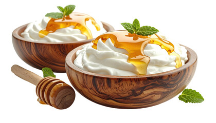 Honey-drizzled whipped cream bowls with mint garnish, natural