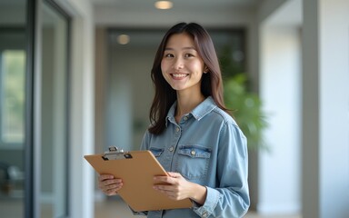 Portrait of young asian woman in casual wear holdng clipboard, smiling and looking at camera while standing in modern office room. High quality