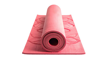 Rolled pink yoga mat with lotus design on black background