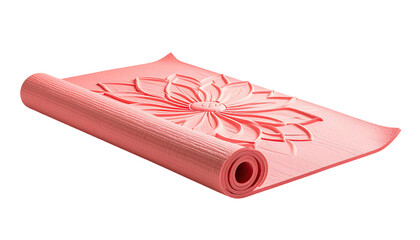 Rolled, pink yoga mat with stylized flower design on black background