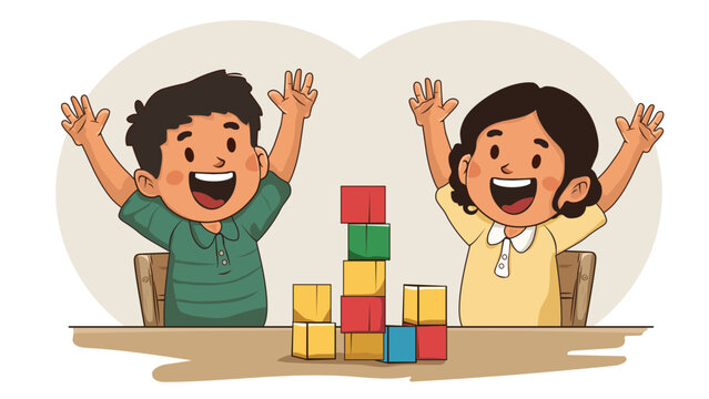 Happy kids playing with colorful building blocks – Children’s Day cartoon illustration - Powered by Adobe