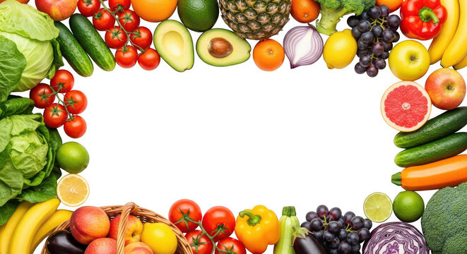 Vegetables and fruits frame isolated on transparent background, healthy eating