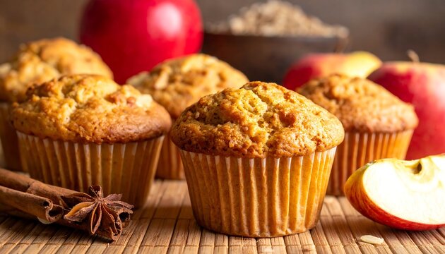 Close-up of freshly baked muffins with apples, cinnamon sticks, and an anise star. Golden brown baked goods sit alongside fresh fruit