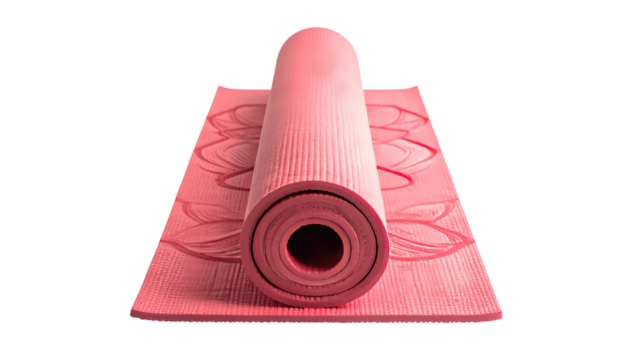 Rolled pink yoga mat with lotus design on black background - Powered by Adobe